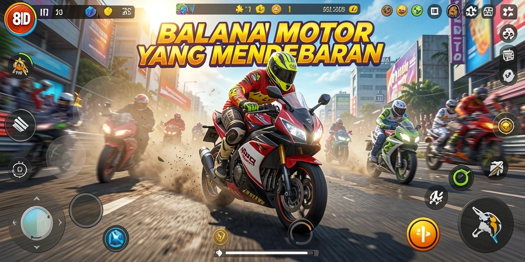 Tampilan aksi balapan motor yang mendebarkan dalam 8ID.