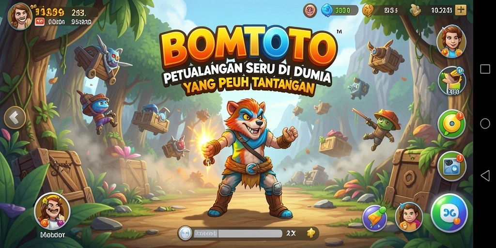 Screenshot menunjukkan karakter menjelajahi dunia yang menakjubkan dalam BOMTOTO.