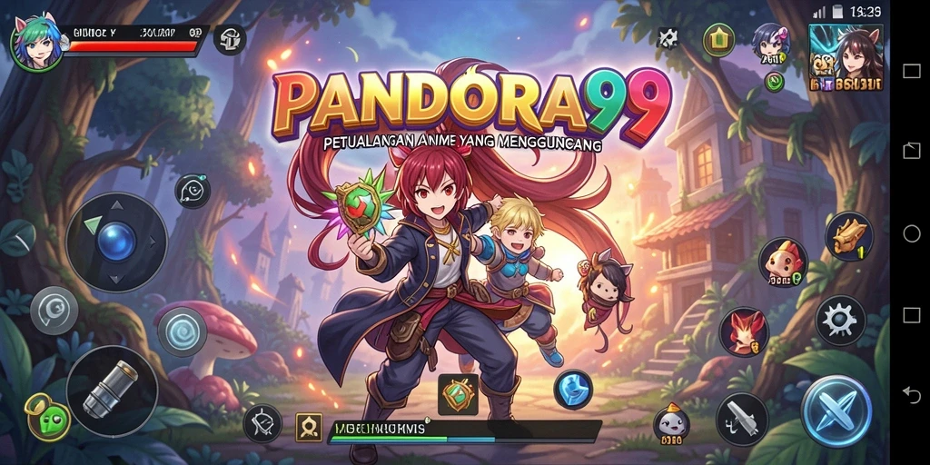 Screenshot utama PANDORA99 menampilkan aksi pertarungan karakter anime.